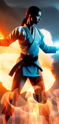 This live wallpaper showcases a fierce woman in a karate kick pose, wielding a glowing light saber, set against a fiery orange and icy blue background