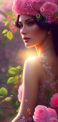 This live phone wallpaper showcases a fantasy art painting of a woman sporting pink roses in her hair