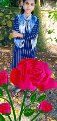 This mobile wallpaper features a stunning colorized image of a woman standing among red roses in a park on a sunny day
