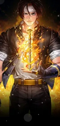 This phone live wallpaper showcases a fiery scene with a confident man holding a torch in an anime style