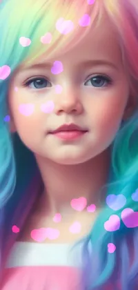 This colorful phone wallpaper showcases a charming digital painting of a little girl with vivid hair