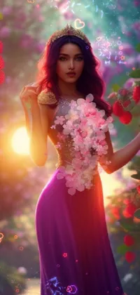 This phone live wallpaper showcases a digital image of a lady in an enchanting purple outfit clutching a lovely bouquet of flowers