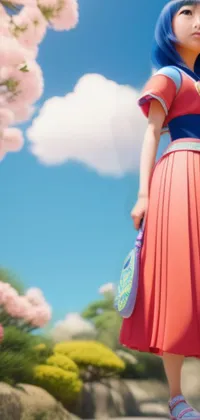 This phone live wallpaper features a blue-haired woman wearing a pink dress set against a photorealistic, vivid Japanese landscape