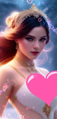 This fantasy live wallpaper depicts a woman in a white dress holding a pink heart in a field of flowers