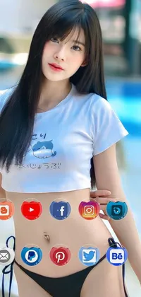 This stunning phone live wallpaper showcases a charming woman standing by a crystal-clear swimming pool, setting as a perfect backdrop for your phone screen