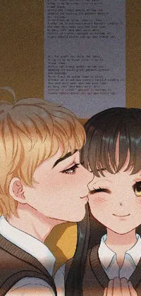 This lo-fi phone live wallpaper features an animated anime drawing depicting a school girl and her lover sharing a cute kiss