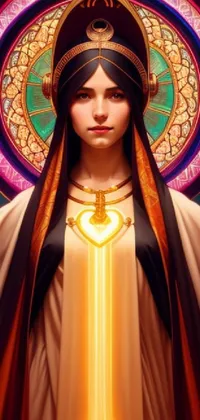 Experience an exquisite live wallpaper on your phone featuring a woman standing against a stunning stained glass window