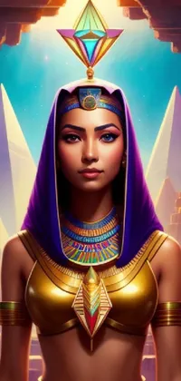 This phone live wallpaper showcases a stunning depiction of an Egyptian woman standing before a pyramid