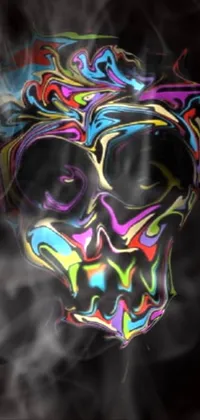 This live wallpaper is a stunning digital art creation featuring a colorful skull set against a black background