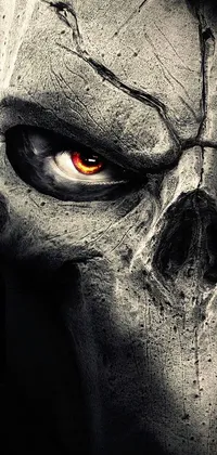 This live wallpaper for phones depicts a vibrant and intricate digital art rendering of a skull with red eyes, boasting an ominous presence and Halloween vibes