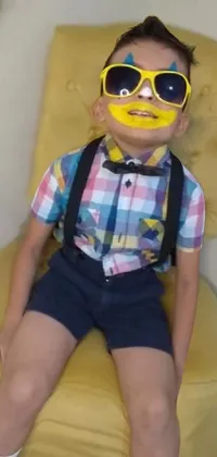 This dynamic live wallpaper features a playful young boy sitting on a vibrant yellow chair, with a picture and Instagram-inspired backdrop