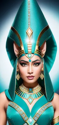 This live wallpaper for your phone features a vibrant, high-quality image of an intricately designed Egyptian costume with elements of Afrofuturism