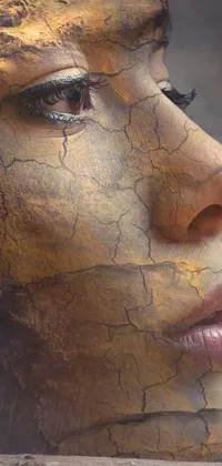 This mobile live wallpaper features a strikingly realistic close-up of a woman's face resting on a rock