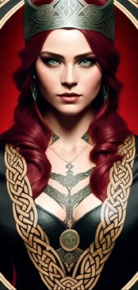 This phone live wallpaper showcases a beautiful celtic-style portrait of a fiery redhead donning a regal crown, captured in full-color digital illustration