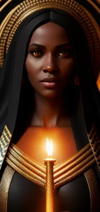 This spectacular 3D render depicts a woman holding a fiery candle, surrounded by intricate Egyptian-inspired art