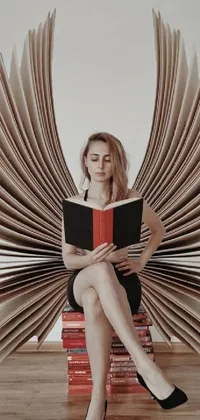 Experience an imaginative world with this stunning phone live wallpaper featuring a woman sitting on a pile of books and huge symmetric wings