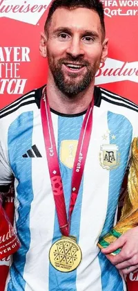 This lively phone wallpaper showcases two gleaming soccer trophies being held up by a man standing in front of a striking red wall