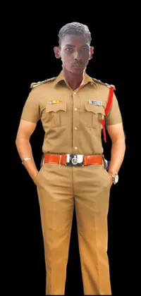 The phone live wallpaper depicts a man dressed in a brown police uniform standing with his hands on his hips