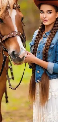 This live phone wallpaper showcases a portrait of a woman standing beside a beautiful brown horse, complete with realistic details and a rustic cowboy aesthetic