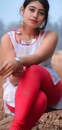 This live wallpaper features a beautiful young Himalayan woman wearing a striking red top and white leggings