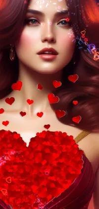 This phone live wallpaper depicts a striking digital art image featuring a woman in a flowing red dress holding a glowing heart