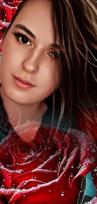 This stunning phone live wallpaper showcases a beautiful woman with red roses in her hair
