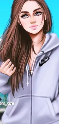 This phone live wallpaper features a digital painting of a cheerful girl wearing a hoodie
