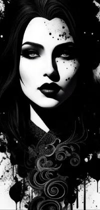 This phone wallpaper features a gothic-inspired black and white drawing of a woman's face