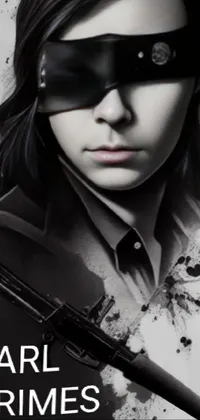 This live wallpaper features a striking black and white photograph of a woman with a gun and an eyepatch, inspired by neo-primitivism art and poster art