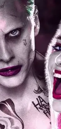 This trendy live phone wallpaper features two characters - one dressed as Joker and the other as Harley Quinn