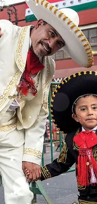 This phone live wallpaper showcases a boy and man dressed in bright Mexican costumes, radiating triumph and pride against a square background