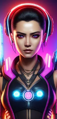 This incredible phone live wallpaper features a futuristic woman holding neon lights and sporting a cyberpunk outfit and hairstyle