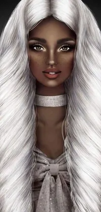 This phone live wallpaper showcases a stunning digital art piece of a dark skinned woman with long white hair, luminous green eyes, and silver accessories