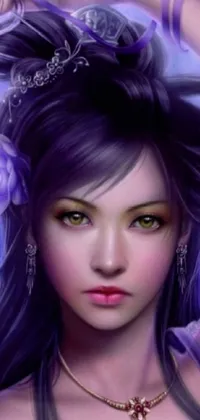 Experience the mystique of fantasy art with this stunning live wallpaper featuring a close-up portrait of a detailed Asian girl with a flower in her hair, and purple LED glowing eyes