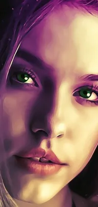 This phone live wallpaper is a stunning digital portrait featuring a woman with purple hair and green eyes