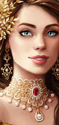 This live phone wallpaper features a stunning woman in a gorgeous red dress and intricate gold jewelry