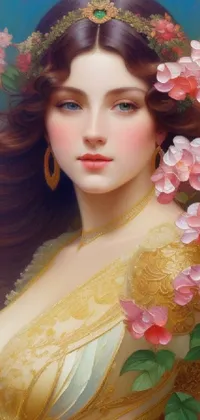 This live phone wallpaper showcases a remarkable digital painting of an adorned woman featuring intricate floral details