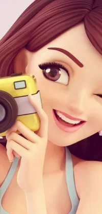 This live wallpaper features a charming cartoon girl taking a photo with her camera, presented in photorealistic style