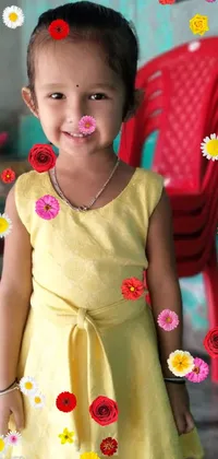 This live phone wallpaper showcases a little girl in a bright yellow dress against a red chair backdrop