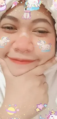 This stunning live wallpaper features a lovely young lady with a gorgeous design of unicorns and stars painted on her face