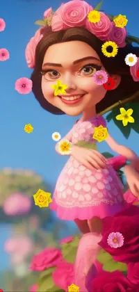 This delightful live wallpaper showcases a sweet cartoon girl wearing a pink dress, standing amidst an array of bright and vibrant flowers