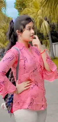 This live wallpaper features a beautiful girl in a pink shirt talking on a cell phone while standing against an abstract floral patterned backdrop