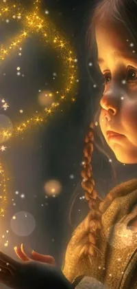 This magnificent phone live wallpaper features a stunning digital art of a little girl casting a lighting spell using a sparkle ball, in the midst of a mystical forest