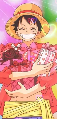 This phone live wallpaper features a man in a straw hat carrying presents, a picture, tumblr, shin hanga, Luffy (from One Piece), and a cat sitting on a windowsill at night
