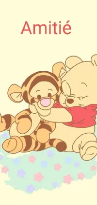 This charming live wallpaper features a cute illustration of two Winnie the Pooh characters hugging tightly, surrounded by a soft pastel background
