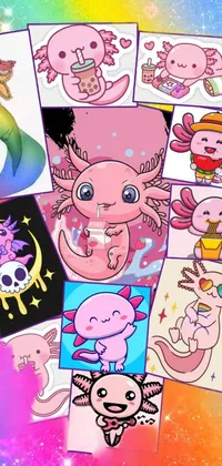 Add a splash of color and artistry to your phone screen with this lively live wallpaper! Featuring a rainbow-colored surface, this wallpaper showcases an array of intricately detailed stickers that include a biomechanical axolotl, cute pink-dressed characters, and concept art inspired designs