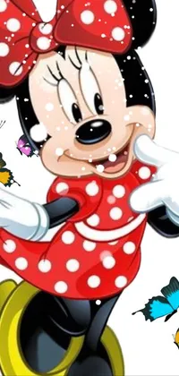 Looking for a lively and spirited phone live wallpaper that is perfect for any Disney fan? Look no further than this captivating design featuring a cute Minnie Mouse standing in front of a white background