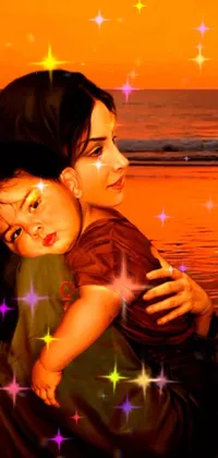 Enjoy this stunning live wallpaper on your phone! This beautiful digital art depicts a woman holding a baby on a stunning beach with rich and vivid colors