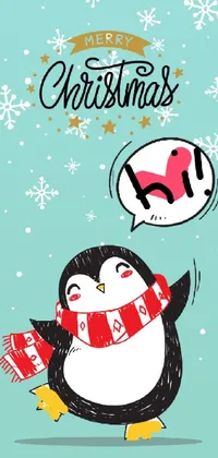 This phone live wallpaper features an adorable penguin wearing a scarf and mittens, depicted holding a gift, creating a festive feel