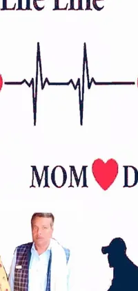 This live wallpaper features a unique blend of elements including a couple standing together, a vibrant album cover, funky Dada-inspired art, a pop art figure of a Mom with long hair, a medical diagram of a heart rate and a playful phrase "I'm Dad"